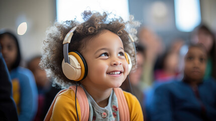 Little girl sits in a school class with headphones on