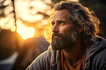 Portrait of  man looking at camera while near camping tent at sunset