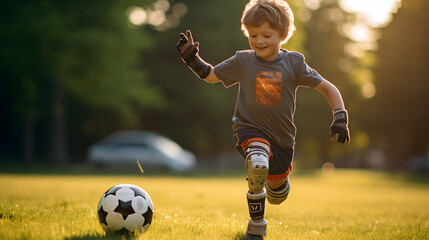 Inspiring child with prosthetics playing soccer in park