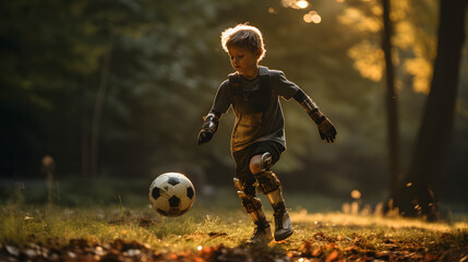 Inspiring child with prosthetics playing soccer in park