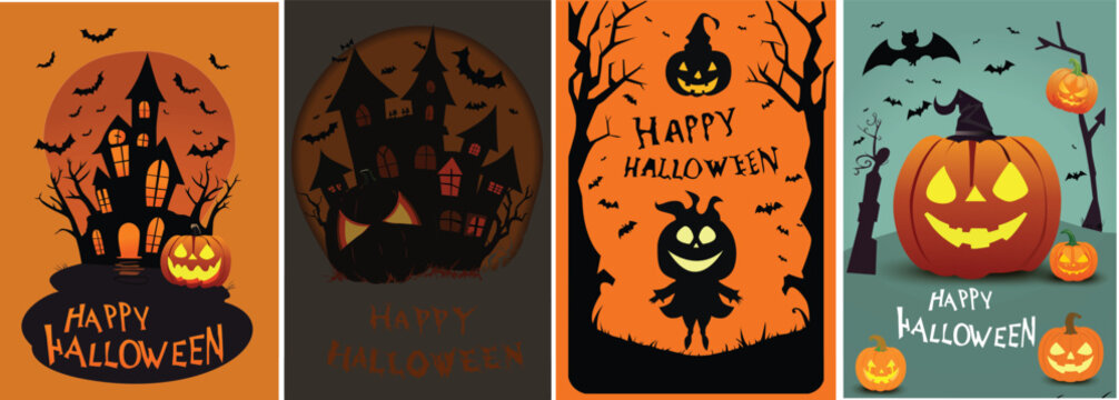 Happy Halloween party poster set with night clouds and pumpkins in paper cut style, vector illustration, full moon, witch's cauldron, spider web and flying bats. Place for brochure background text.