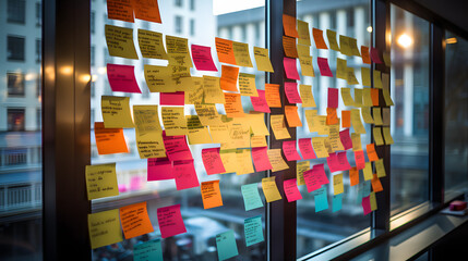 Digital sticky notes on window during brainstorm session