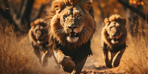 running lions in the sunset, big five wildlife safari - obrazy, fototapety, plakaty