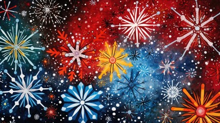 Colorful Christmas background pattern of abstract snowflakes falling in the night sky.