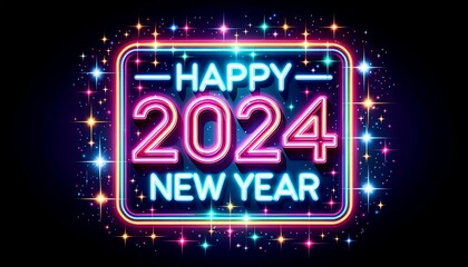 Dive into the radiant celebrations of 2024 with this vibrant neon-themed background. Double rectangular neon frames glow intensely, contrasting the surrounding darkness. 