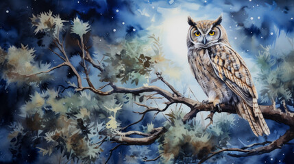 Watercolor painting of an owl sitting on a tree branch in the forest.