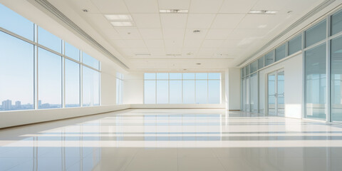 Modern office interior with panoramic window view. 3d render