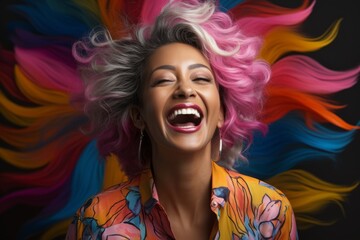 Mujer de mediana edad sonriente y divertida frente a un fondo colorido. Empoderamiento - obrazy, fototapety, plakaty