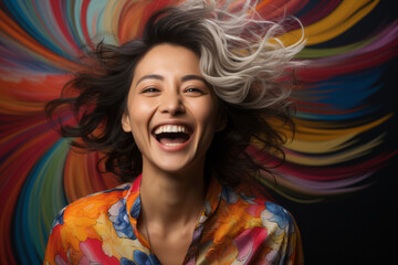 Mujer de mediana edad sonriente y divertida frente a un fondo colorido. Empoderamiento - obrazy, fototapety, plakaty