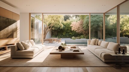 Large glass room with access to the garden, modern interior, architectural design
