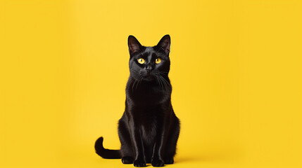 Beautiful young black cat with yellow eyes on yellow background