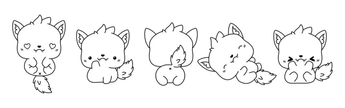 Set of Kawaii Isolated Wolf Coloring Page. Collection of Cute Vector Cartoon Animal Outline
