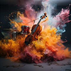 rock music instruments exploding with colourful,Generative AI - obrazy, fototapety, plakaty