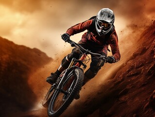 Young athletic man in helmet and protective gear riding downhill on mountainbike