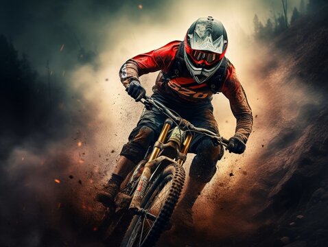 Young athletic man in helmet and protective gear riding downhill on mountainbike