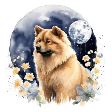 Chow chow dog with flower in the night Watercolor
