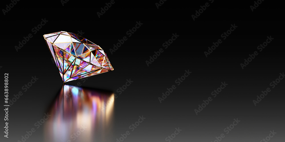 Poster abstract colorful brilliant diamond gem placed on glossy black background 3d rendering