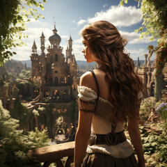 Brunette Princess Looking at Castle in Hyper Realistic Garden Scene, Fairy Tale Fantasy.ai generative