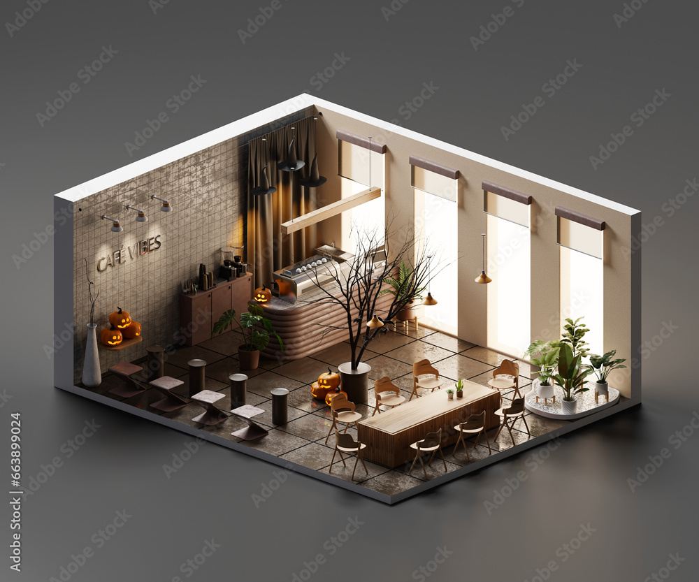 Poster isometric view cafe store open inside interior architecture halloween theme , 3d rendering.