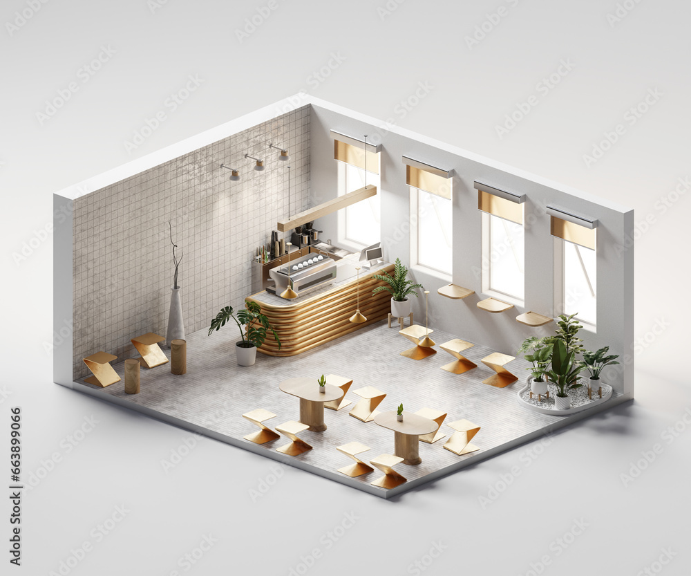 Poster isometric view cafe store open inside interior architecture, 3d rendering.