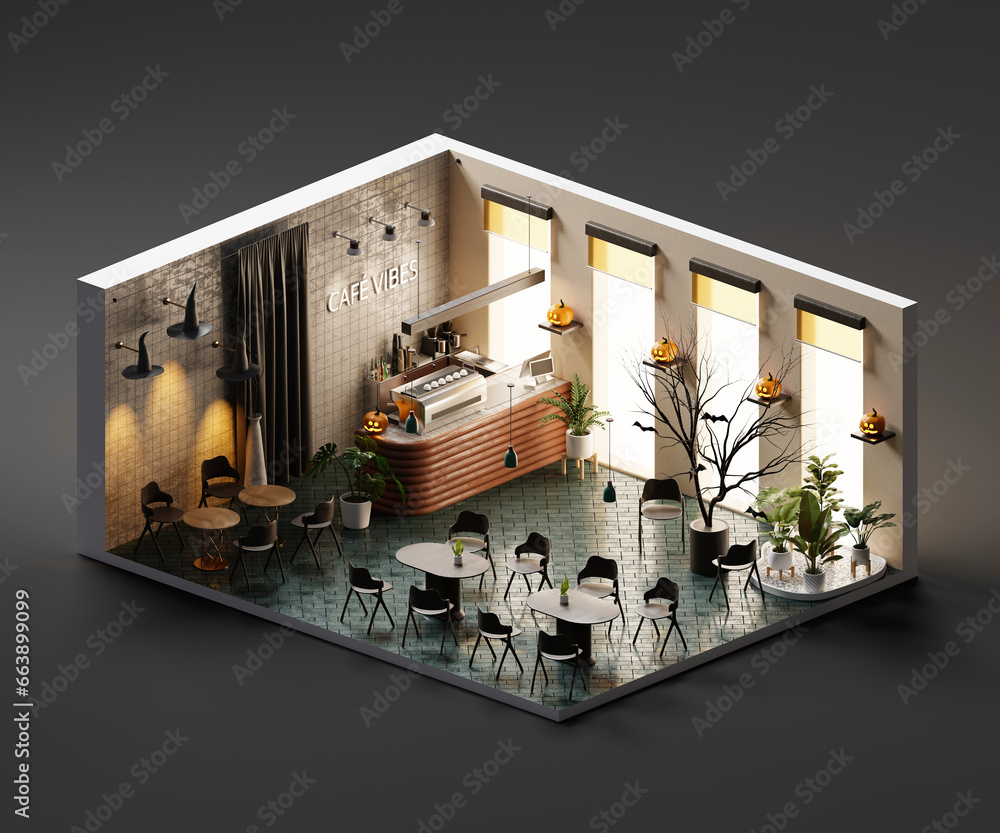 Poster isometric view cafe store open inside interior architecture halloween theme , 3d rendering.