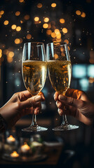 Close-up hands cheering with champagne glasses at New Year party - Holiday celebration clinking or toasting with alcohol drinks - obrazy, fototapety, plakaty