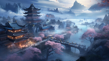 Chinese style fantasy scenes - obrazy, fototapety, plakaty