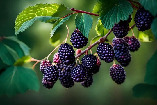 Generate an image of a close-up shot of a cluster of juicy, dark purple mulberries growing on a tree in the midst of a verdant forest