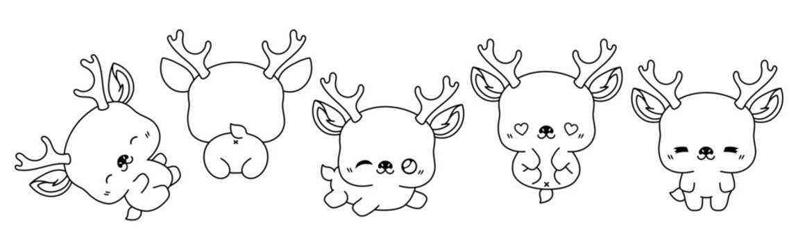 Set of Kawaii Isolated Deer Coloring Page. Collection of Cute Vector Cartoon Animal Outline