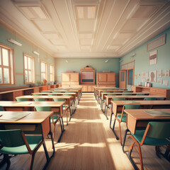 Fototapeta na wymiar Empty Classroom. Back to school concept in high school. Classroom Interior Vintage Wooden Lecture Wooden Chairs and Desks. Studying lessons in secondary education,Ai generative.