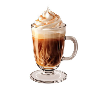 Irish Coffee in a Glass with Whipped Cream and a Cinnamon Stick isolated on transparent background
