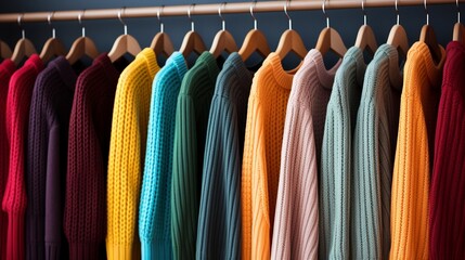Colorful sweaters elegantly displayed in a boutique for sale.