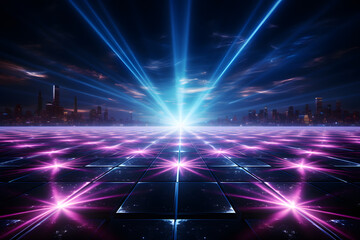 Neon Laser show with star beams, Laser abstract background blue pink lines moving outthe rays of...
