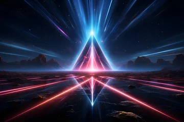 Poster Neon Laser show with star beams, Laser abstract background blue pink lines moving outthe rays of the star scatter in different directions with bright lights in the center, the rays from the middle © Kodjovi