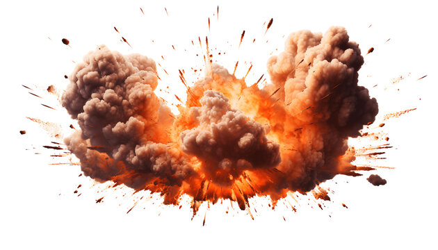 Explosion with a lot of debris on transparent background, bomb, light, military