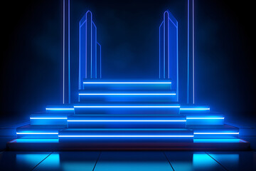 3D Blue Neon Podium with Glowing Stairs