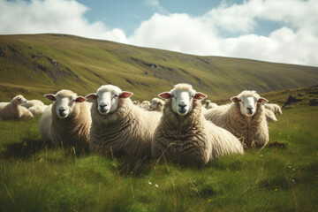 Fototapeta premium sheep is looking at you from its meadow on farm background.
