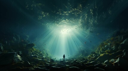 the light shines over a cave with a person standing on it - obrazy, fototapety, plakaty