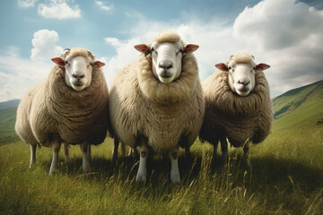 Fototapeta premium sheep is looking at you from its meadow on farm background.