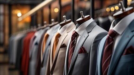 Classic men's suits with shirt and tie presented in fashion store. - obrazy, fototapety, plakaty