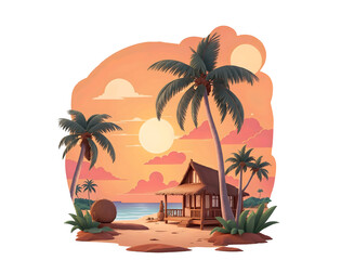 Vector illustration of nipa hut i a tropical beach with coconut trees