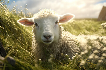 Obraz premium sheep is looking at you from its meadow on farm background.