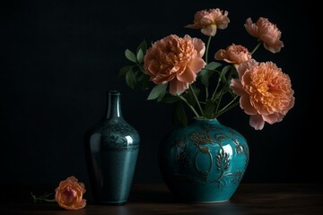 An image of a decorative vase filled with flowers next to a smaller vase holding a flower. Generative AI