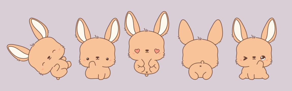 Collection of Vector Cartoon Bunny Art. Set of Kawaii Isolated Rabbit Illustrations
