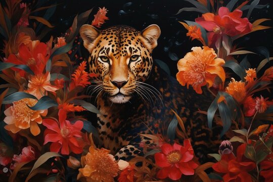 A floral leopard painting on black background with red and orange flowers. Generative AI