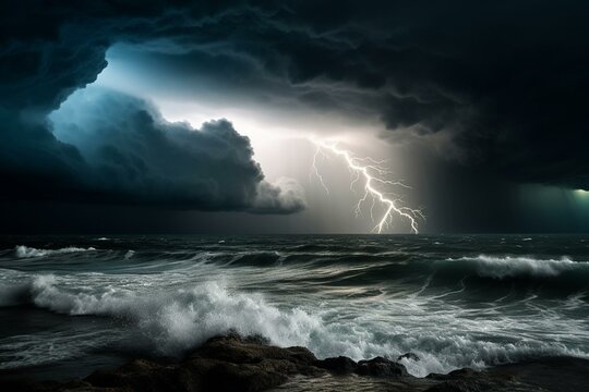 electrifying storm over ocean. Generative AI