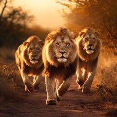 running lions in the sunset, big five wildlife safari