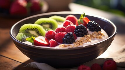 Berry smoothie bowl with granola, kiwi slices, and fresh berries. acai bowl