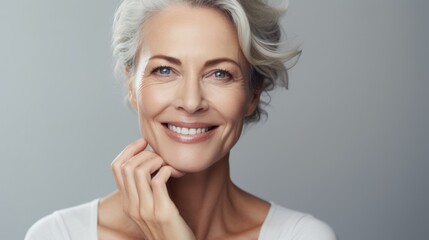Beautiful 50 year old woman with clean fresh skin on a light background. Facial care, cosmetology,...