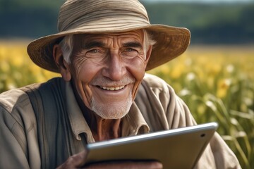 Fototapeta premium farmer holding tablet in field